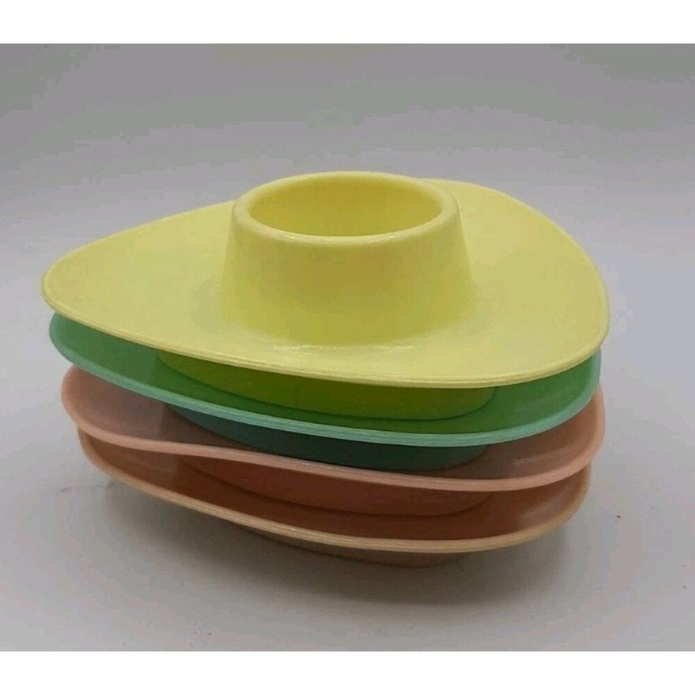 Vintage Mid Century Modern Pastel Melamine Egg Cups Aqua Pink Yellow Beige